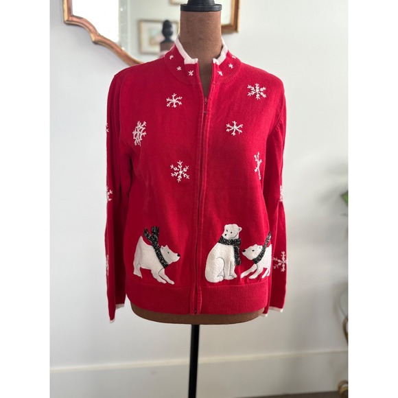 Coldwater Creek Vintage Womens L Red Polar Bear Snowflake Christmas Cardigan - Picture 1 of 4